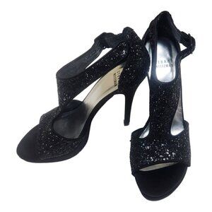 Stuart Weitzman Black Glitter Leather T Strip High Heel Platform Size 6.5M